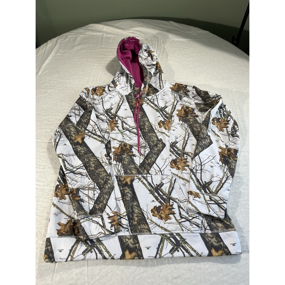 Energy Zone Women's Camo Hoodie Size Large Pink Lining Drawstring Pullover Sweat